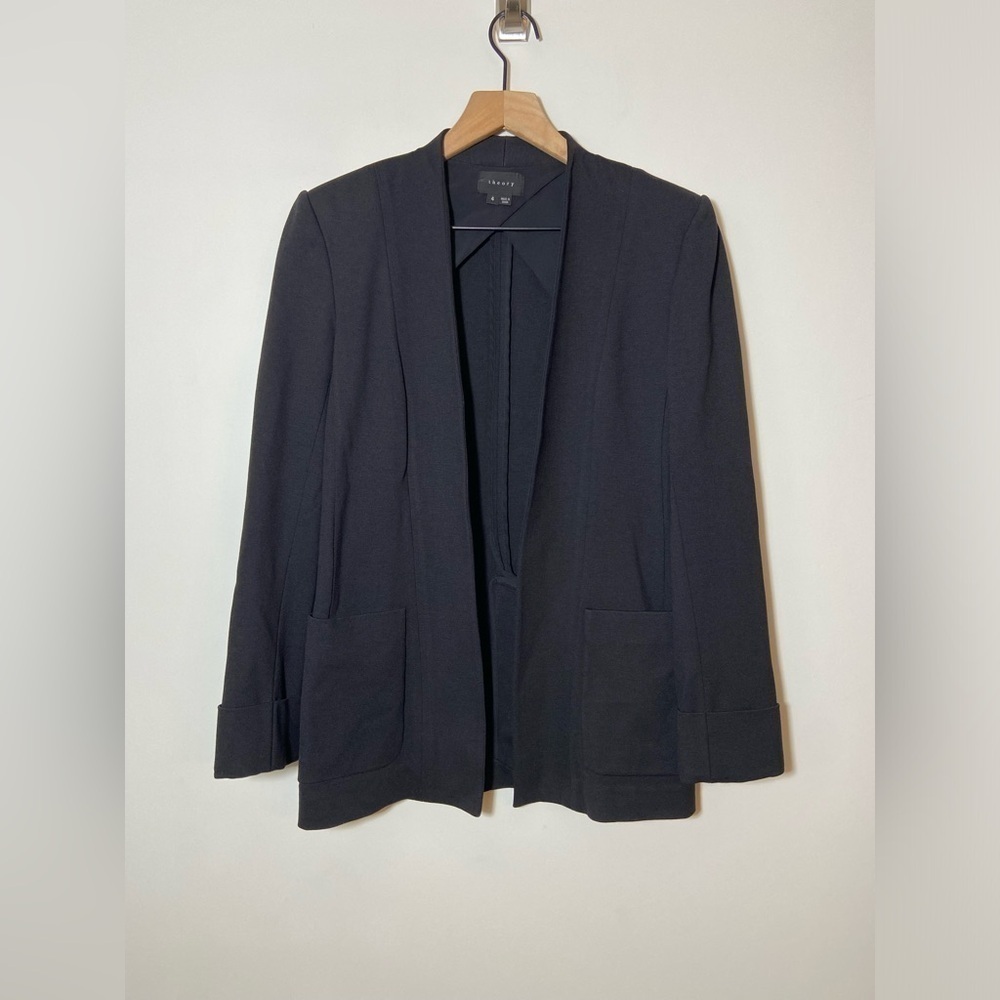 Theory Womens Open Front Black Blazer Jacket Size 4